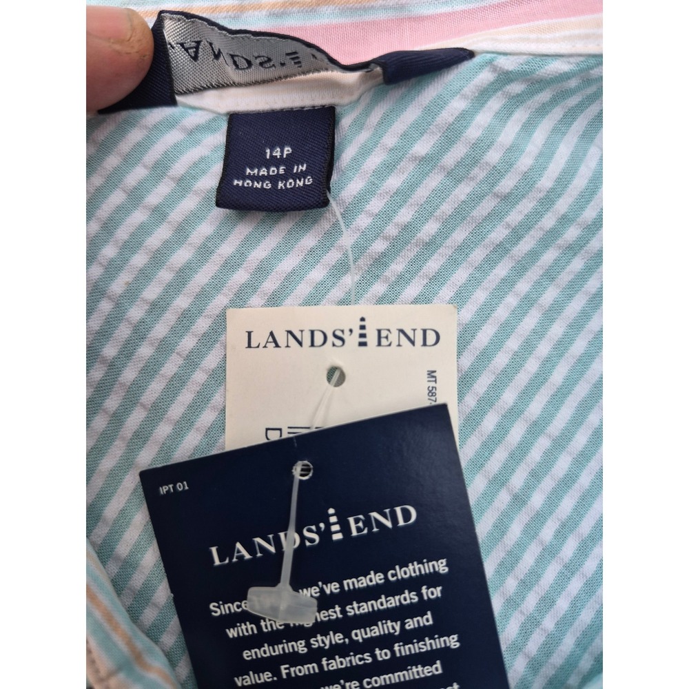 Lands End Womens 14P Blue White Seersucker Sleeveless Button Down nautical NWT - Picture 4 of 12